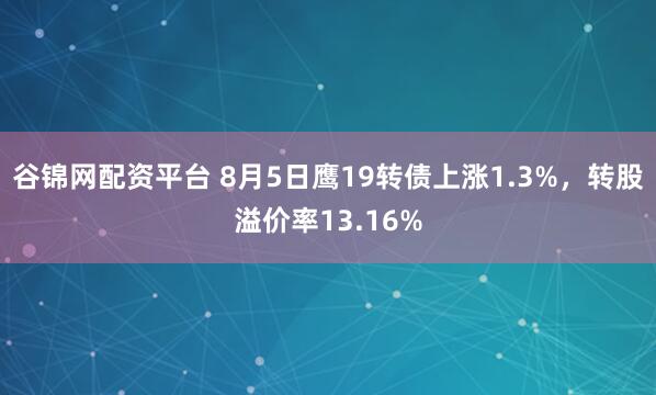 谷锦网配资平台 8月5日鹰19转债上涨1.3%，转股溢价率13.16%